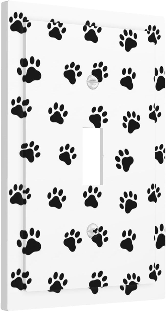 Black and White Dog Paw Print 1-Gang Toggle Light Switch Plate, Puppy Paws Decorative Wall Plate for Pet Lover's Home Decor