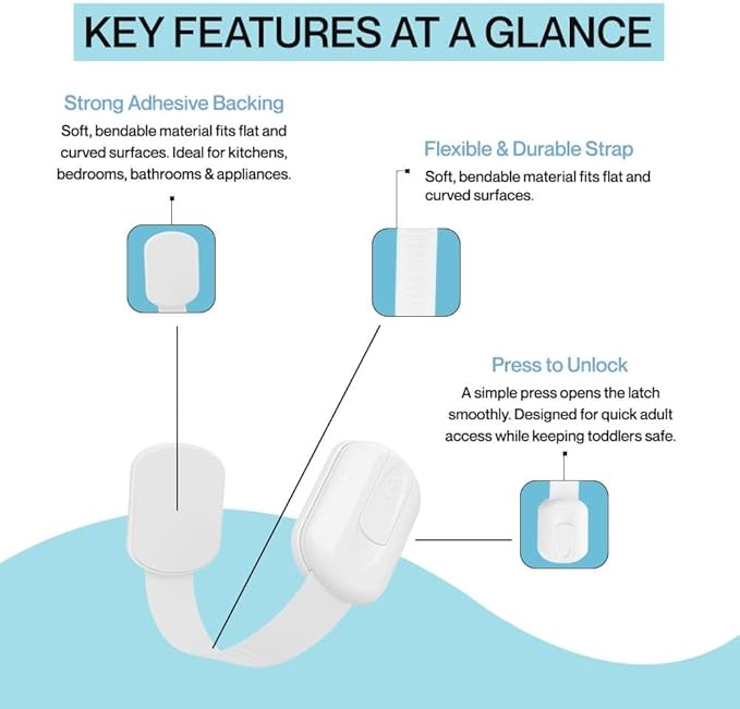 Fridge Strap Locks for Kids (10 Pack) Baby Proof Fridge Lock with Strong 3M Adhesive, Child Safety Refrigerator & Cabinet Locks for Toddlers and Adults