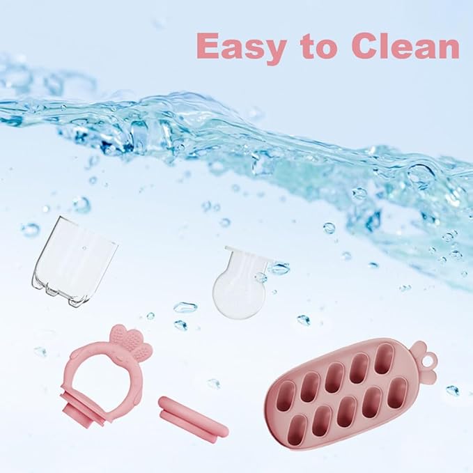 Baby Food Fruit Feeder with Freezer Tray Breastmilk Popsicle Molds Silicone Fruit Feeder for Self Feeding Teething Relief Toys (Pink)