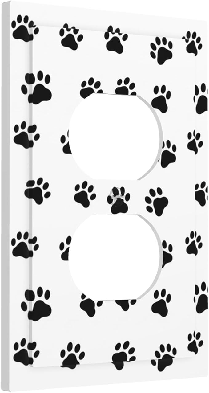 Black and White Dog Paw Print Duplex Wall Plate - 1-Gang Standard US Size Puppy Paws Pattern Outlet Covers for Pet Lover's Home Decor