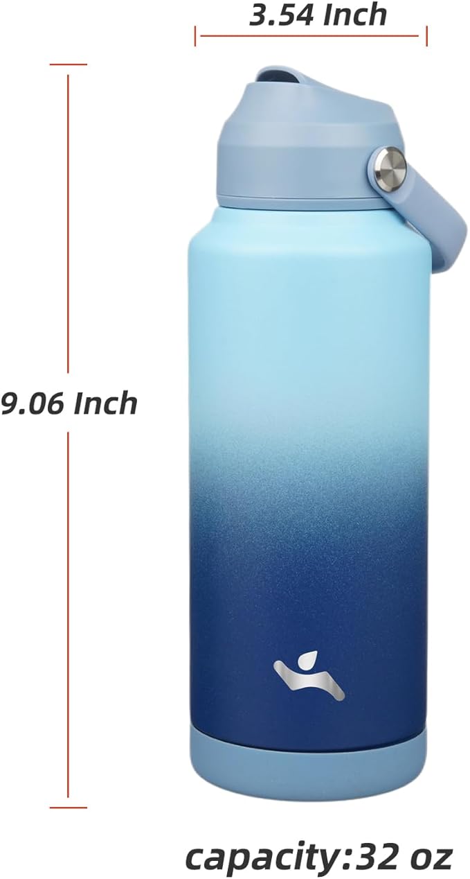 Konokyo Insulated Water Bottle with Straw Lid,32 oz Stainless Steel Vacuum Metal Bottle with Silicone Handle, Sky
