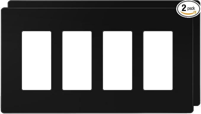 TG Screwless Decorator Wall Plates Child Safe Outlet Covers, Size 4-Gang 4.50" H x 8.10" L, Unbreakable Polycarbonate Thermoplastic, UL Listed, Glossy, Black (2 Pack)