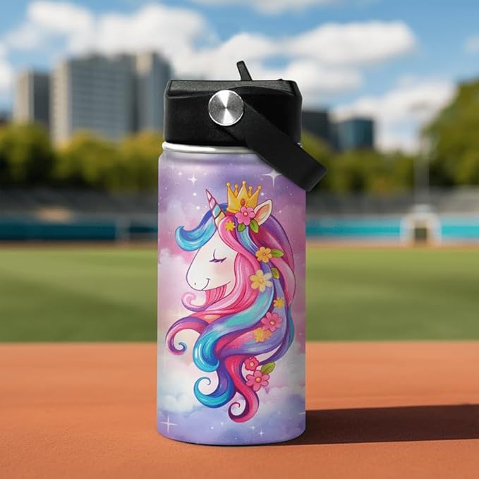 Unicorn Kids Water Bottle Insulated Water Bottles 12oz with Straw Stainless Steel Travel School Tumbler Double Wall Vacuum Cup for Girls Kid Boys
