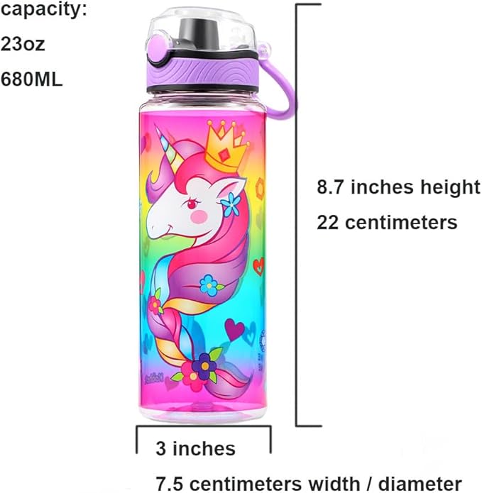 Home Tune Cute Water Bottle for School Kids Girls, BPA FREE Tritan & Leak Proof & Easy Clean & Carry Handle, 23oz/ 680ml - Unicorn
