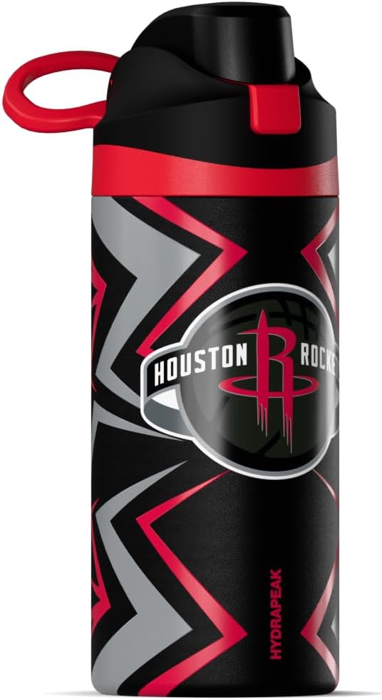 Hydrapeak x NBA Officially Licensed Houston Rockets Oasis 20 oz Insulated Kids Water Bottle, Stainless Steel Water Bottle Kids with Chug Lid, Push Button