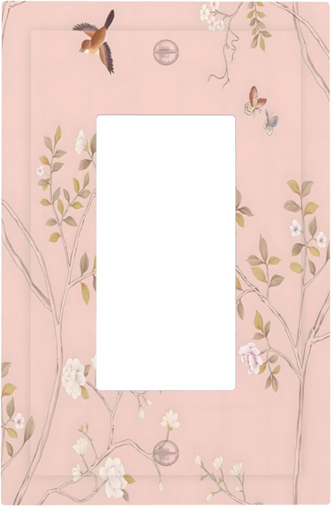 Pink Background Flowers Bird Butterflies Floral Decorative Outlet Covers 1 Gang Single Rocker Light Switch Cover Plate Wall Plates GFCI Faceplate for Bedroom Living Room Decor