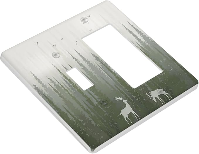 Green Pine Tree Deer Country forest Bird Nature Mist Outlet Covers 1 Toggle 1 Rocker Combination Electrical Switch Plates Light Switch Cover Plate Decorative Wall Plate for Bedroom Home Decor