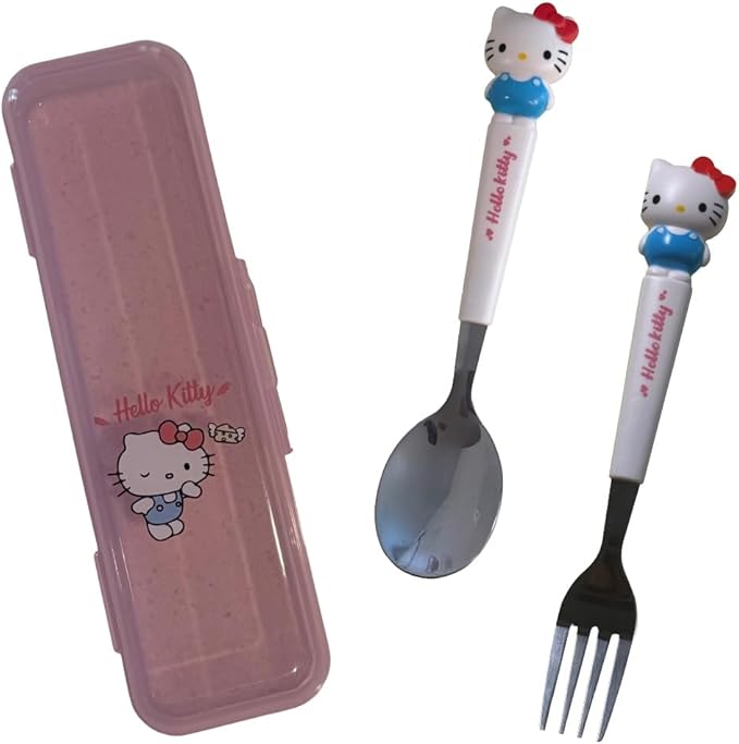 Stainless Steel Cutlery Tableware Flatware Silverware 3 Piece Set Portable Reusable Travel Cute Kawaii Anime Cartoon Dog Bunny for Boys and Girls (Pink Kitty)
