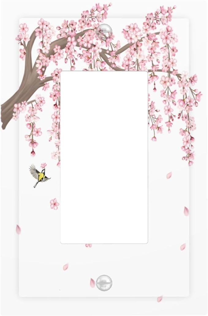 Pink Flower Tree Branch Cherry Blossom Tree Floral Birds Decorative Outlet Covers 1 Gang Single Rocker Light Switch Cover Plate Wall Plates GFCI Faceplate for Bedroom Living Room Decor