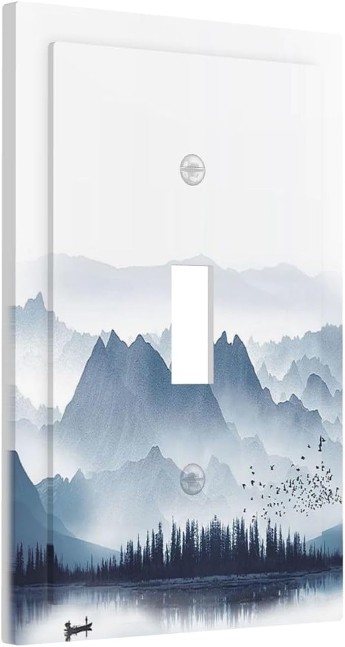 Decorative Light Switch Cover Mountain Foggy Lake Boat Grey Blue Forest Birds 1 Gang Single Toggle Decorator Outlet Wall Plate Device Electrical Faceplate Switchplates for Bedroom