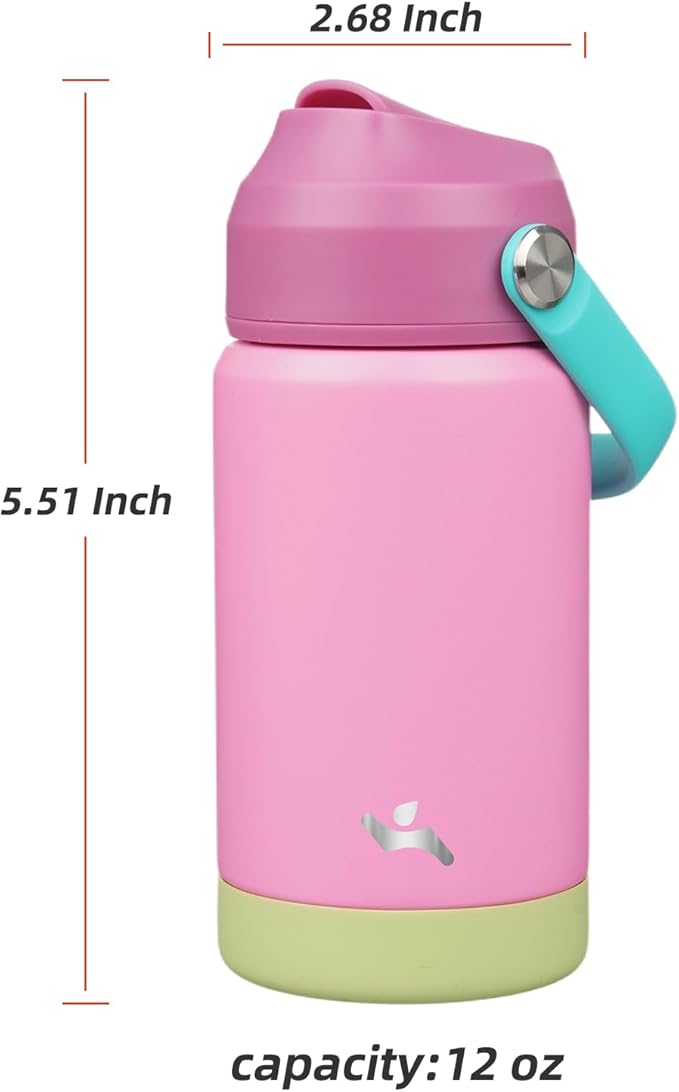Konokyo Insulated Water Bottle with Straw Lid,12 oz Stainless Steel Vacuum Metal Bottle with Silicone Handle,Rose Pink