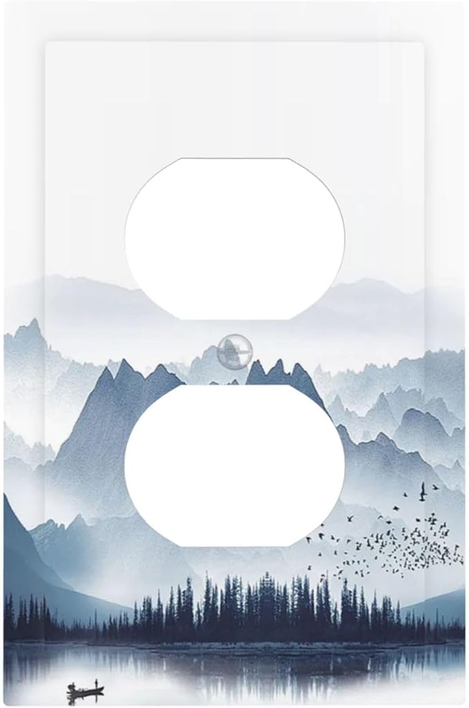 Outlet Covers Mountain Foggy Lake Boat Grey Blue Forest Birds 1 Gang Duplex Light Switch Cover Electrical Receptacle Faceplate Wall Plate Decorative Switch Plates for Bedroom living Room