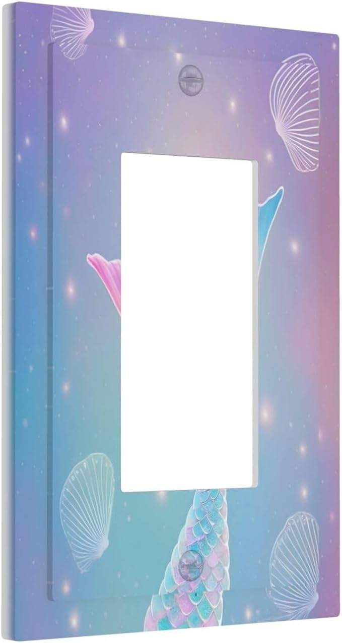 Cute Mermaid Pink Tail Scales Shells Colorful Ocean Decorative Outlet Covers 1 Gang Single Rocker Light Switch Cover Plate Wall Plates GFCI Faceplate for Kids Room Nursery Decor