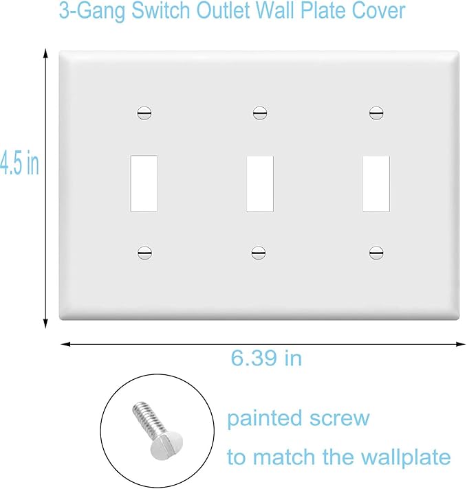 Toggle Light Switch Cover Plate Tripe Decor Wall Plate 3-Gang Electrical Faceplate, White (3-Pack)