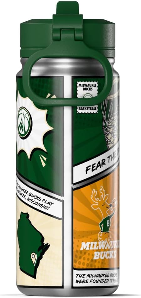 Hydrapeak x NBA Milwaukee Bucks 20 oz Stainless Steel Water Bottle, Officially Licensed Double Wall Insulated Sports Bottle with Straw Lid, Reusable Leakproof Gift for Kids & Adults