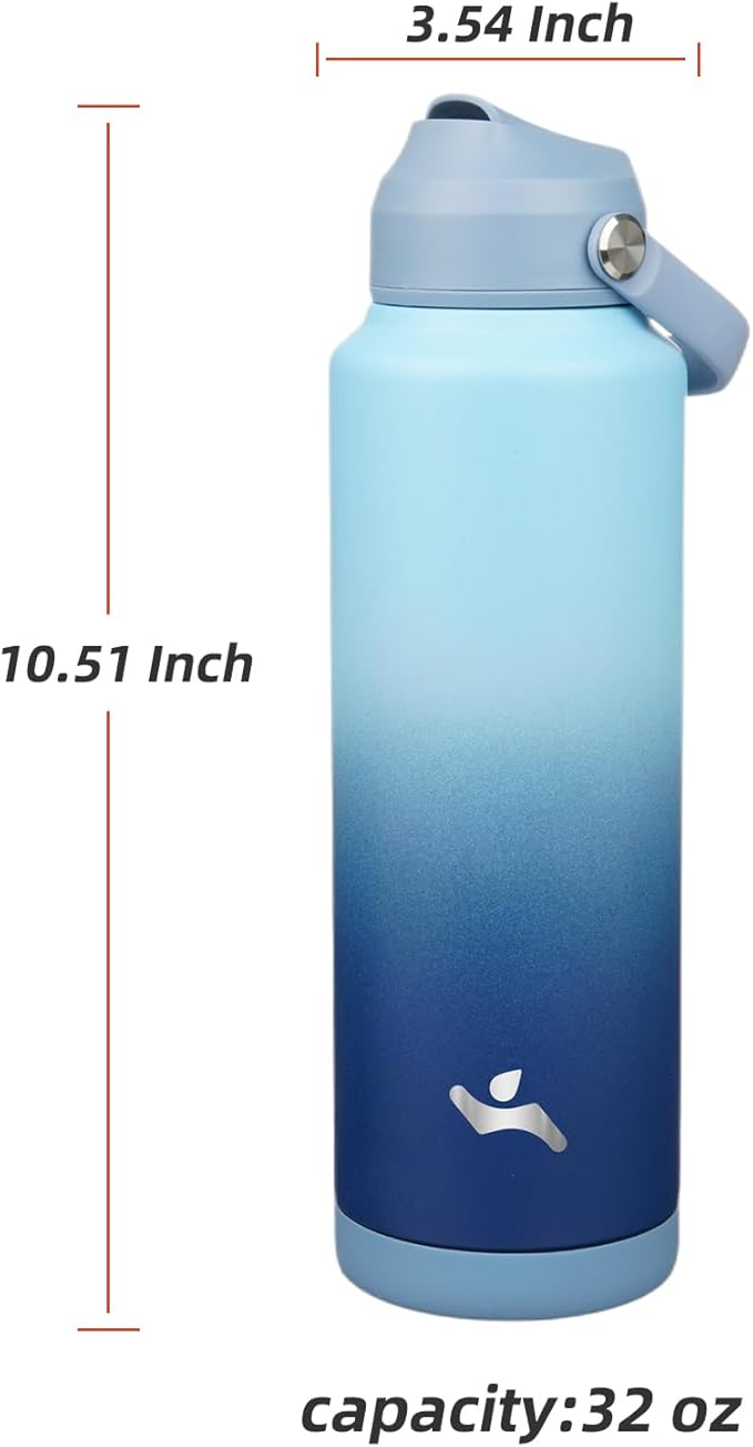 Konokyo Insulated Water Bottle with Straw Lid,40 oz Stainless Steel Vacuum Metal Bottle with Silicone Handle, Sky
