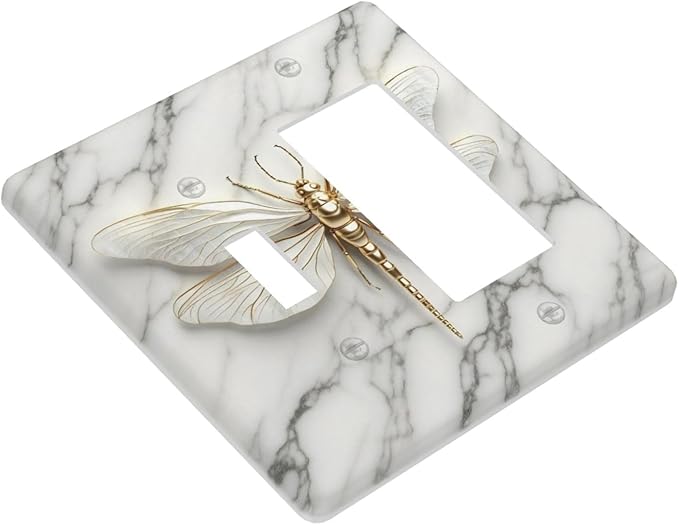 White Gold Marble Dragonfly Abstract Modern Outlet Covers 1 Toggle 1 Rocker Combination Decorative Wall Plate Electrical Switch Plates Light Switch Cover Plate for Bathroom Home Decor