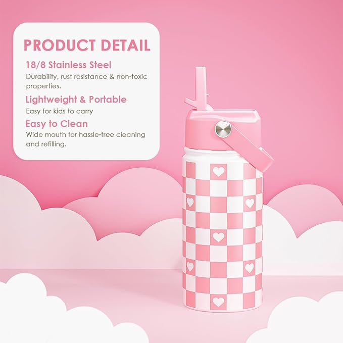 Checker Print Kids Water Bottle With Straw Lid 12oz Insulated Stainless Steel, Travel Tumbler, Pink Bow Gifts For Girls, Birthday, Christmas, Back To School