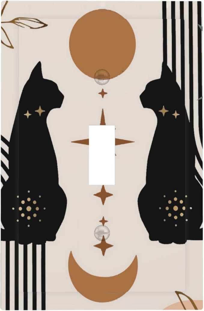 Cute Mid Century Abstract Black Boho Moon Cat Single Toggle Light Switch Plates Outlet Covers Decorative Electrical Wall Plate Receptacle Switchplate Decorate Plug Cover Living Room Bathroom Decorate