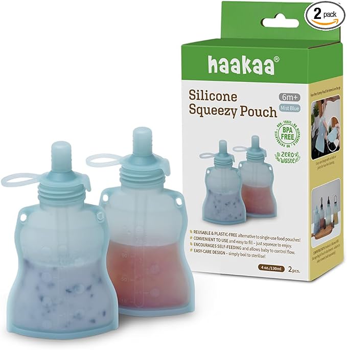 haakaa Silicone Yummy Pouch 4.5 oz – Reusable Silicone Snack & Smoothie Pouch, Refillable, Leak-Resistant, Dishwasher Safe, Eco-Friendly Food Storage for Kids & Toddlers (2-PK, Mist Blue)
