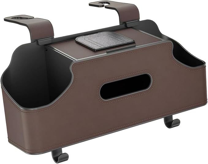 1 PC Car Seat Back Organizer, Multi-Function Tissue Storage Box with 2 Drink Cup Holders, Hanging Kids and Travel Accessories, Universal for Water Cup Phone Umbrella Bag (Brown)