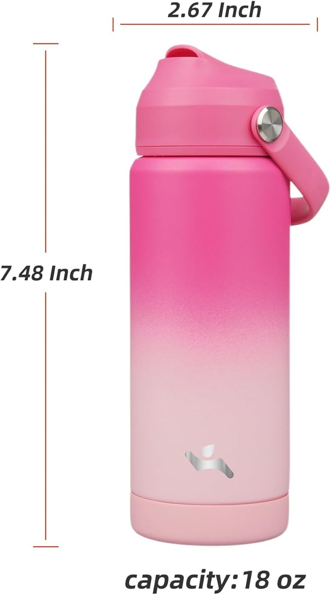 Konokyo Insulated Water Bottle with Straw Lid,18 oz Stainless Steel Vacuum Metal Bottle with Silicone Handle,Cherry Blossom