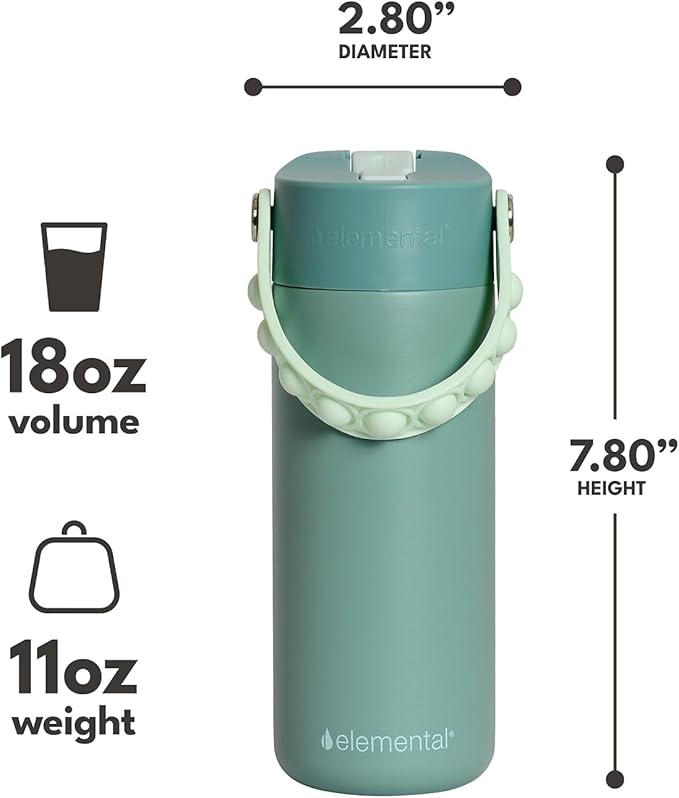 Elemental 100% Leak Proof When Spout is Closed Insulated Kids Water Bottle, Stainless Steel Bottle for School with Straw Lid & Pop-It Handle, Safari & Sage -18oz (2 Pack)