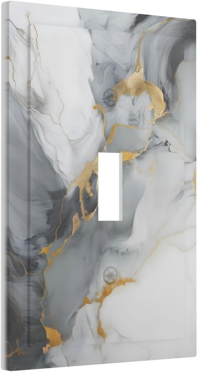 Gold Marble Grey Art Abstract Luxury Print Decorative Light Switch Cover 1 Gang Single Toggle Device Electrical Faceplate Switchplates Decorator Outlet Wall Plate for Kitchen Bathroom Decor