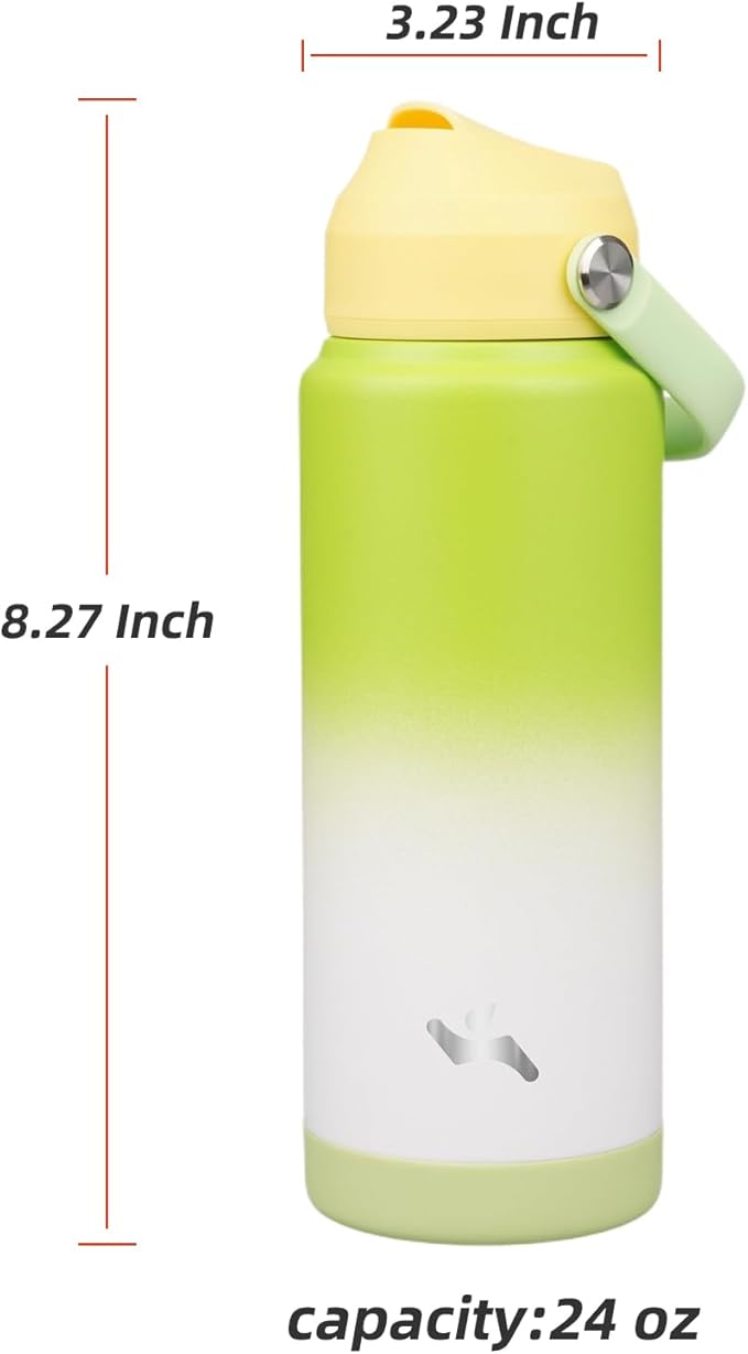 Konokyo Insulated Water Bottle with Straw Lid,24 oz Stainless Steel Vacuum Metal Bottle with Silicone Handle,GreenWhite
