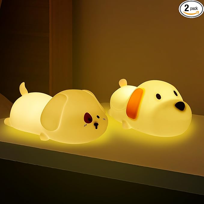 Silicone Night Light (2 Pack) 7 Colors for Kids, Touch Control, LED Dog Lamp, Rechargeable, Cute Puppy Night Lights for Toddler,Boy, Girls, RGB, Warm White