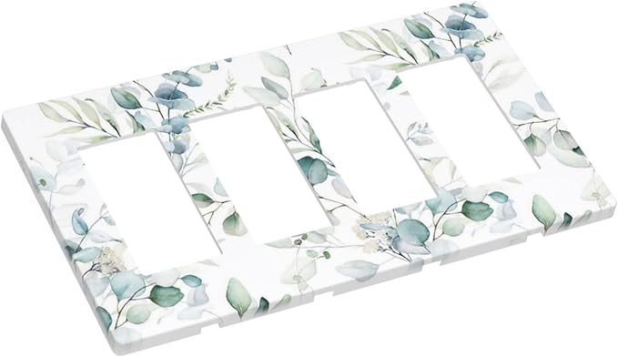 Watercolor Spring Eucalyptus Green Saga Leaves Plant Nature Botanical Floral 4 Gang Quad Device Screwless Decorator GFCI/Rocker Wall Plate Light Switch Dimmer Receptacle Outlet Cover Standard Size