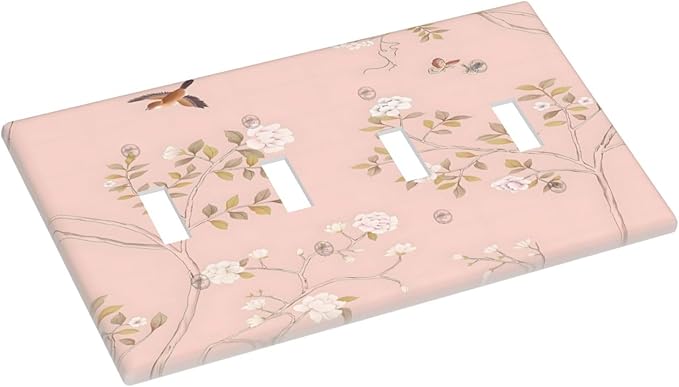 Pink Background Flowers Bird Butterflies Floral Light Switch Covers Quad Toggle Electrical Faceplate 4 Gang Wall Plate Decorative Switch Plates Cover for Bedroom Living Room Decor