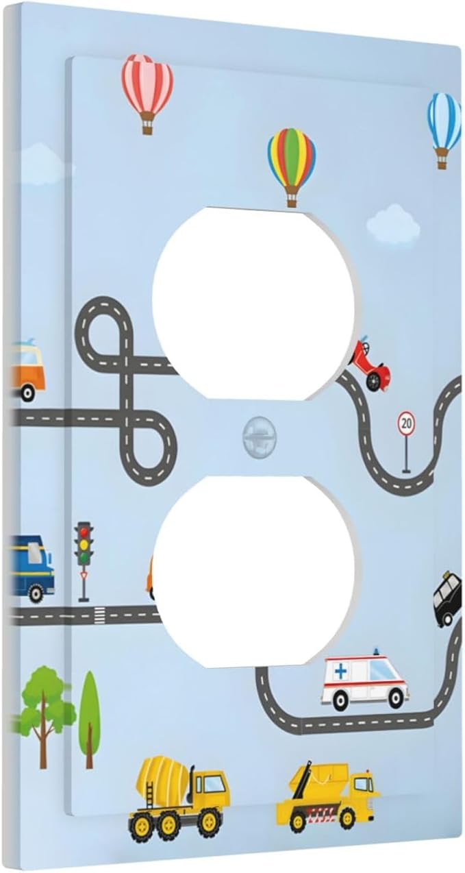 Road Construction Car Truck Hot Air Balloon Outlet Covers 1 Gang Duplex Light Switch Cover Decorative Switch Plates Electrical Receptacle Faceplate Wall Plate for Nursery Kids Room Decor