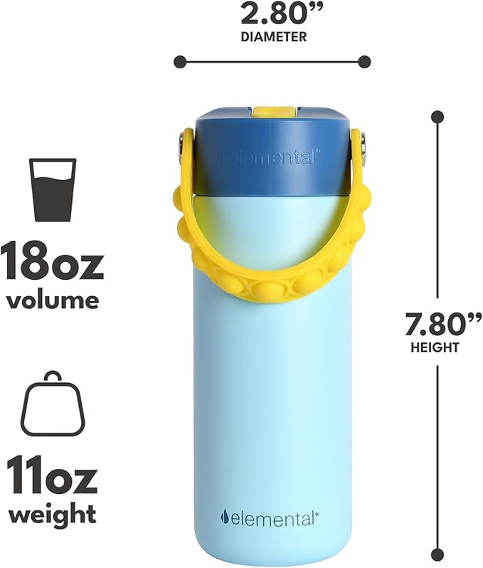Elemental Insulated Kids Water Bottle, Stainless Steel Water Bottle with Straw Lid & Pop-It Handle, Leak-Proof Water Bottles for School, Boys or Girls, Travelling and Sports, 18oz - Sunny Sky