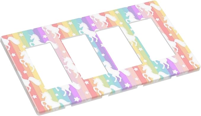 Colorful Kids Girls Cute Purple Rainbow Unicorns 4 Gang Quad Screwless Rocker/GFCI/Decorator Outlet Light Switch Cover Wall Plate Nursery Decorative Electric Device Faceplate Decorative Switchplate