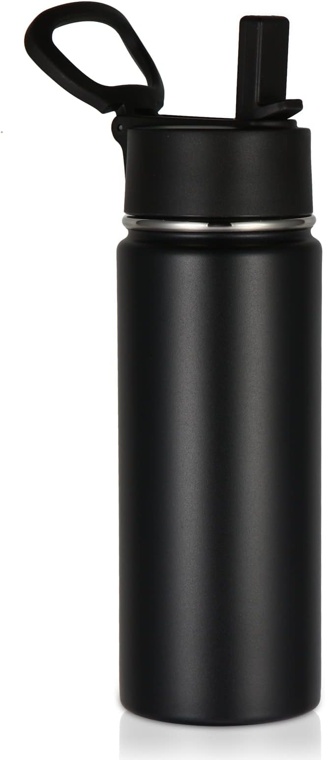 Volhoply 18oz Kids Insulated Water Bottle,Stainless Steel Water Bottles with Straw Lid,Double Wall Vacuum Reusable Metal Water Bottle,Wide Mouth Sports Water Flask For Cold Drink(Black,1 Set)