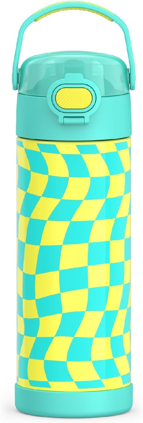 THERMOS FUNTAINER 16 Ounce Stainless Steel Vacuum Insulated Bottle with Wide Spout Lid, Wavy Checkers Teal