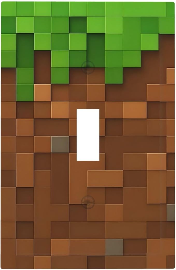 Pixel Style Gamer Themed Grass Block Decorative Light Switch Cover 1 Gang Single Toggle Device Electrical Faceplate Switchplates Decorator Outlet Wall Plate for Kids Room Office Home Decor