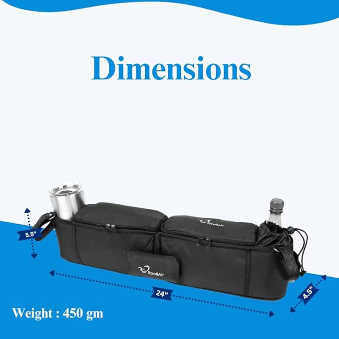 StrollAir - Universal Best Double Parent Stroller Organizer Caddy Insulated Cup Holder Console side-by-side Mountain Buggy TWIN WAY Bob Duallie Baby Jogger City Mini GT – Black