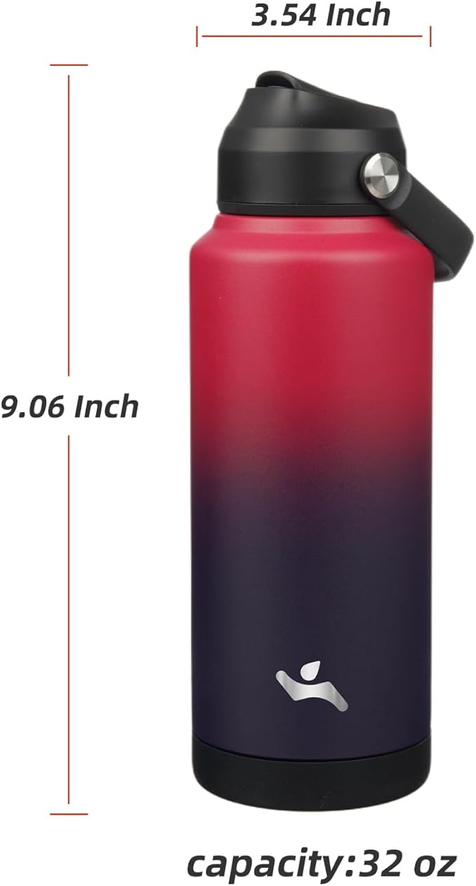 Konokyo Insulated Water Bottle with Straw Lid,32 oz Stainless Steel Vacuum Metal Bottle with Silicone Handle,Rosy Red