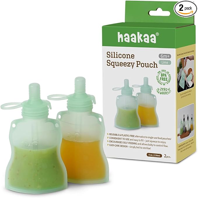 haakaa Silicone Yummy Pouch 4.5 oz – Reusable Silicone Snack & Smoothie Pouch, Refillable, Leak-Resistant, Dishwasher Safe, Eco-Friendly Food Storage for Kids & Toddlers (2-PK, Lime)