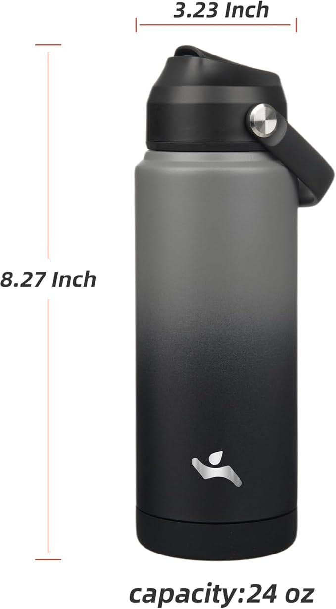 Konokyo Insulated Water Bottle with Straw Lid,24 oz Stainless Steel Vacuum Metal Bottle with Silicone Handle,Gray Black