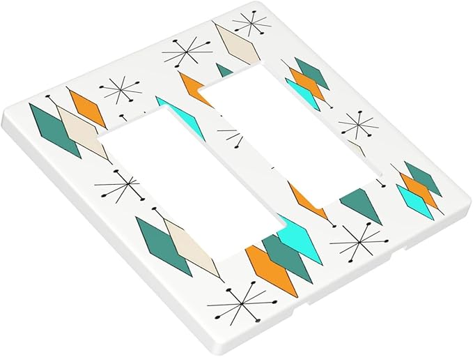 Teal/Blue/Green/Orange Abstract Diamond Atomic Art 2 Gang Double Decorator GFCI/Rocker Wall Plate Modern Mid Century Geometry Electrical Outlet Decorative Receptacle Cover Light Switch for Dimmer, USB