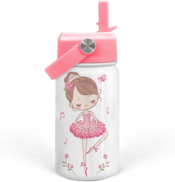 SANDJEST Ballet Water Bottle - Kids Water Bottle with Straw Lid - 12 Oz Insulated Stainless Steel Water Bottles for Kid Girls - Travel Cup for School Sports