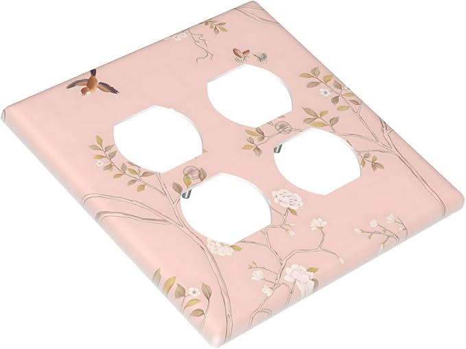 Pink Background Flowers Bird Butterflies Floral Outlet Covers 2 Gang Double Duplex Decorative Light Switch Covers Electrical Wallplates Socket Faceplate for Bedroom Living Room Decor