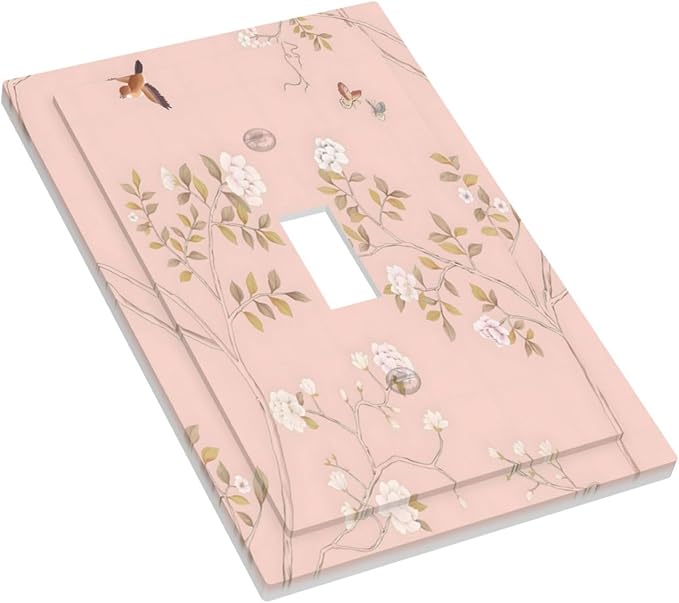 Pink Background Flowers Bird Butterflies Floral Decorative Light Switch Cover 1 Gang Single Toggle Device Electrical Faceplate Switchplates Decorator Outlet Wall Plate for Bedroom Living Room Decor