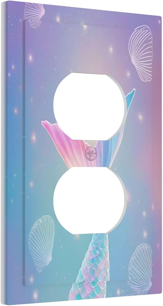 Cute Mermaid Pink Tail Scales Shells Colorful Ocean Outlet Covers 1 Gang Duplex Light Switch Cover Decorative Switch Plates Electrical Receptacle Faceplate Wall Plate for Kids Room Nursery Decor