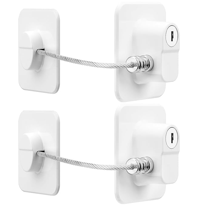 Fridge Lock, 2PCS Upgraded Refrigerator Lock for Freezer, Cabinets and Drawers, Air Fryer, Closets, Windows, Doors, Durable ABS with Adhesive Backing, Easy Install, No Tools Needed, White