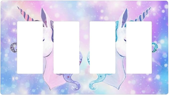Girl Purple Pink Rainbow Blue Unicorn 4 Gang Quad Rocker Light Switch Cover Decorative Quadruple Device GFCI/Decorator Wall Plate Electric Faceplate Screwless