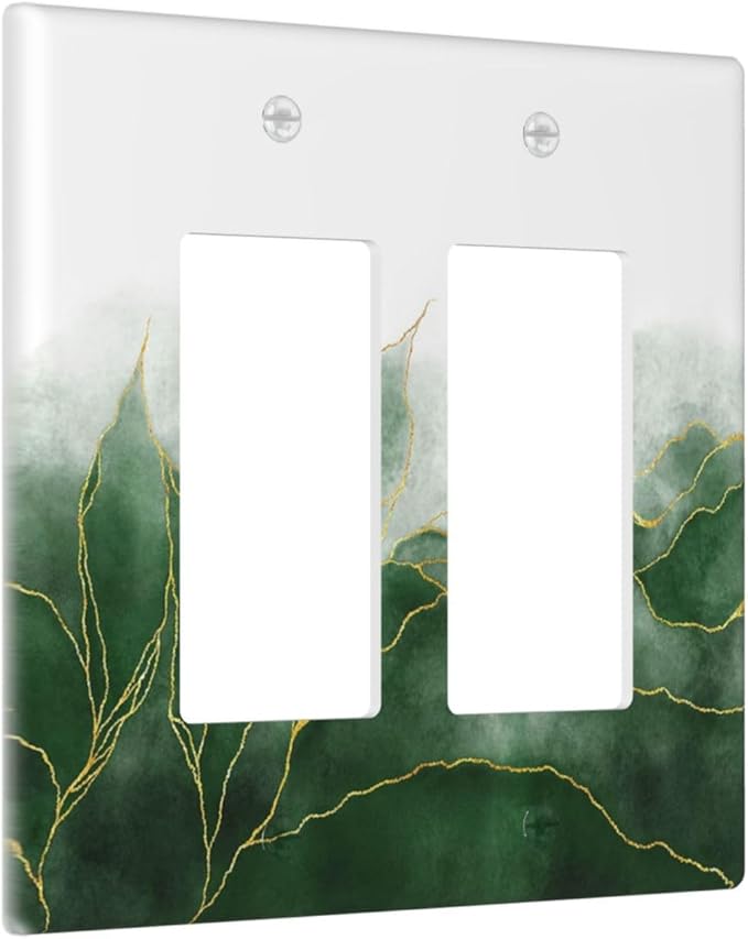 Decorative Outlet Covers Green Gold Leaf Marble Modern Abstract 2 Gang Double Rocker Light Switch Cover Decorative Switch plates Electrical Wallplates GFCI Receptacle for Kitchen Bathroom